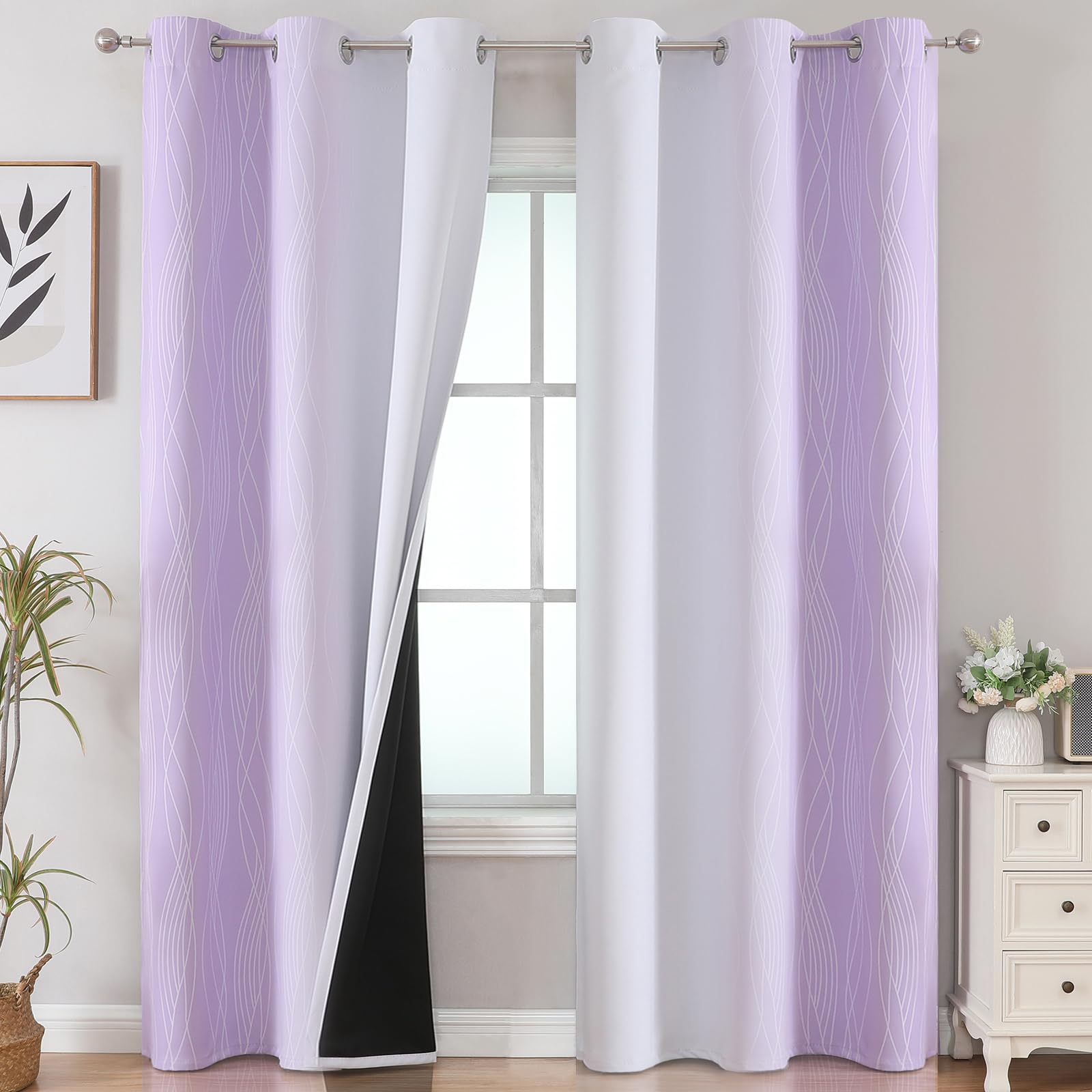 VEHEDE Ombre Wave Printed Blackout Curtains 84 Inch Drop for Bedroom, Lilac and Greyish White Gradient Thermal Insulated Home Decorative Window Drapes for Living Room, W42 x L84 Inch, 2 Pieces
