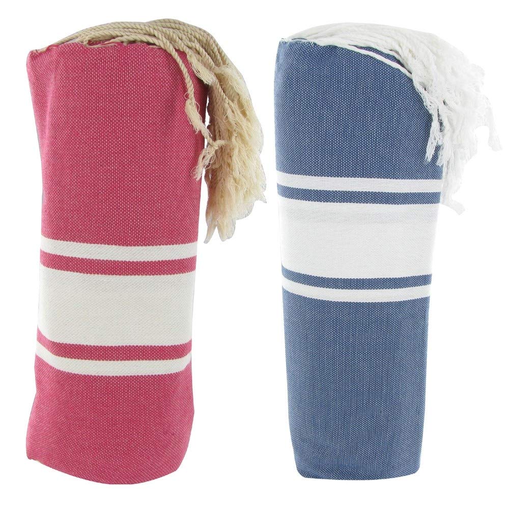 LES POULETTES BIJOUX - Towel Set Cotton Fouta Hammam Fuchsia and Blue JeanColor