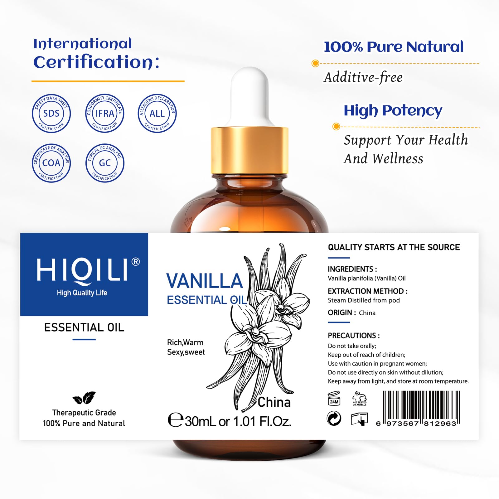 HIQILI 1 Fl Oz Vanilla Essential Oil, Undiluted Natural Strong Fragrance Add in Skin Perfume, Unscented Lotion, Candle Soap Making Scent, Relax at Home with Diffuse Warm Sweet Aroma