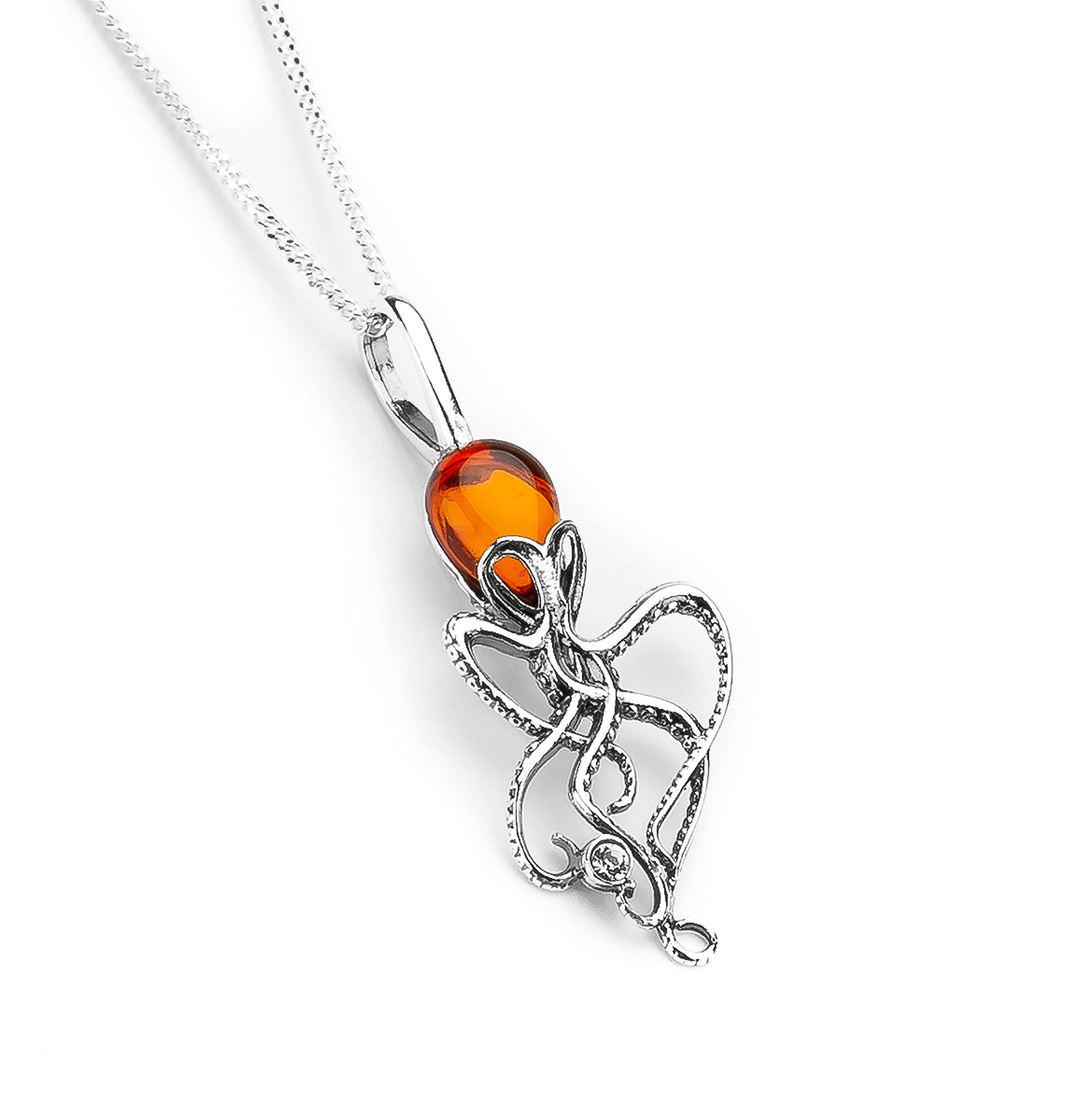 HENRYKA Octopus Necklace in 925 Sterling Silver and Baltic Amber - 18 inch Chain | Sea Squid Pendant | Women's Jewellery | Nautical Gifts for Ladies
