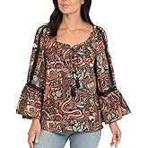 Lola P Cactus Western Print Lace Trim Bell Sleeve Top Black/M