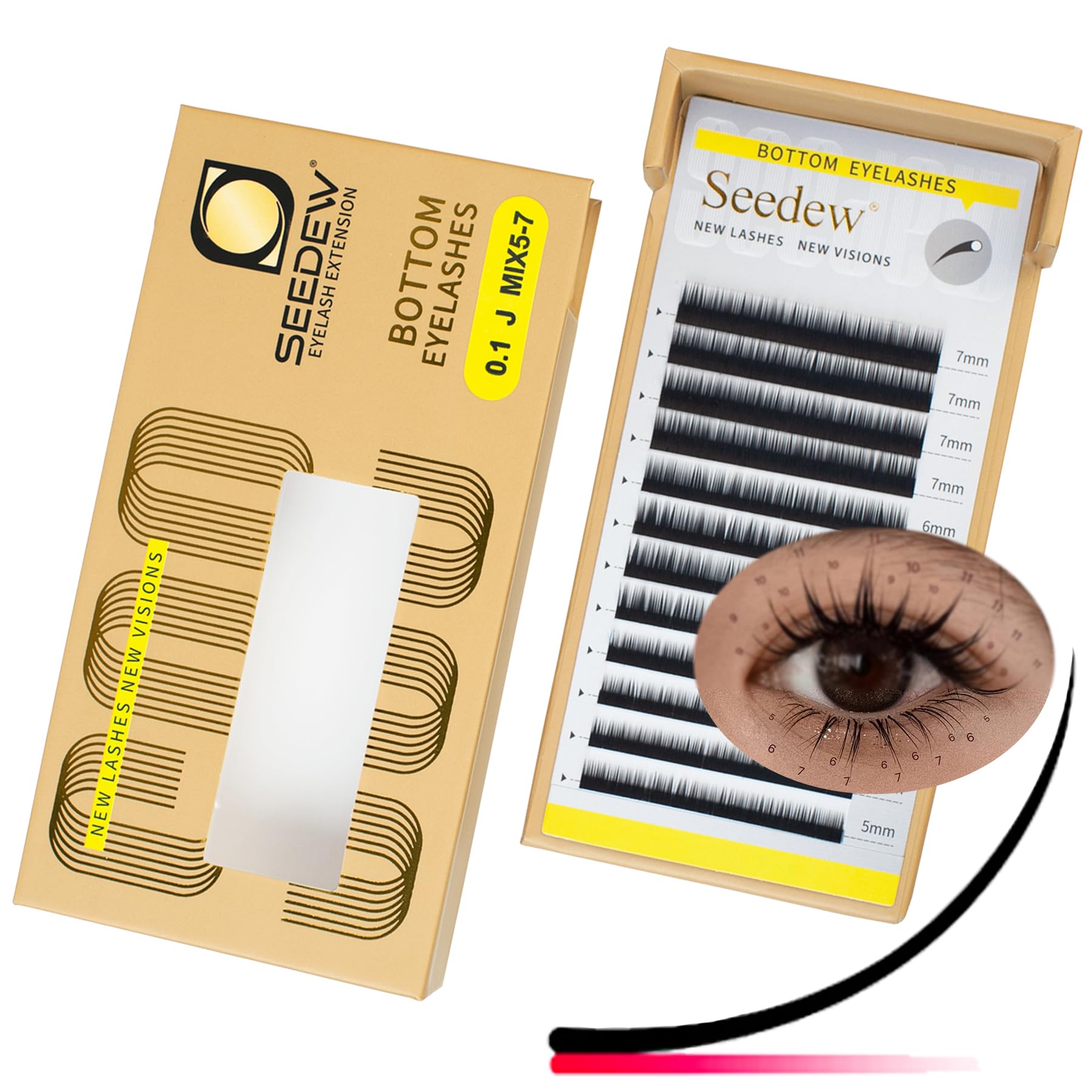 SEEDEW Bottom Lash Extensions, MIX5-7mm J Curl 0.10mm 12 Rows/Tray, Classic Individual Single Natural Soft Lightweight Eyelashes Grafting for Lash Artists, Beauty Salon(Matte Black-0.1-J-MIX5-7mm)