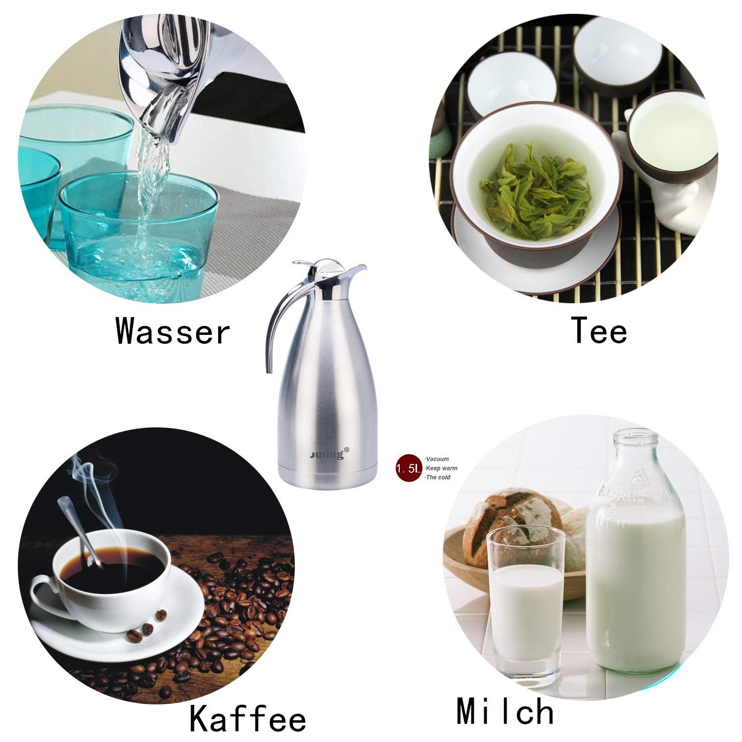 Pot de café - JUNING 2L Thermal Carafe Acier inoxydable à double paroi isolé Pile à thé / eau à grande capacité avec bouton de pression Argent