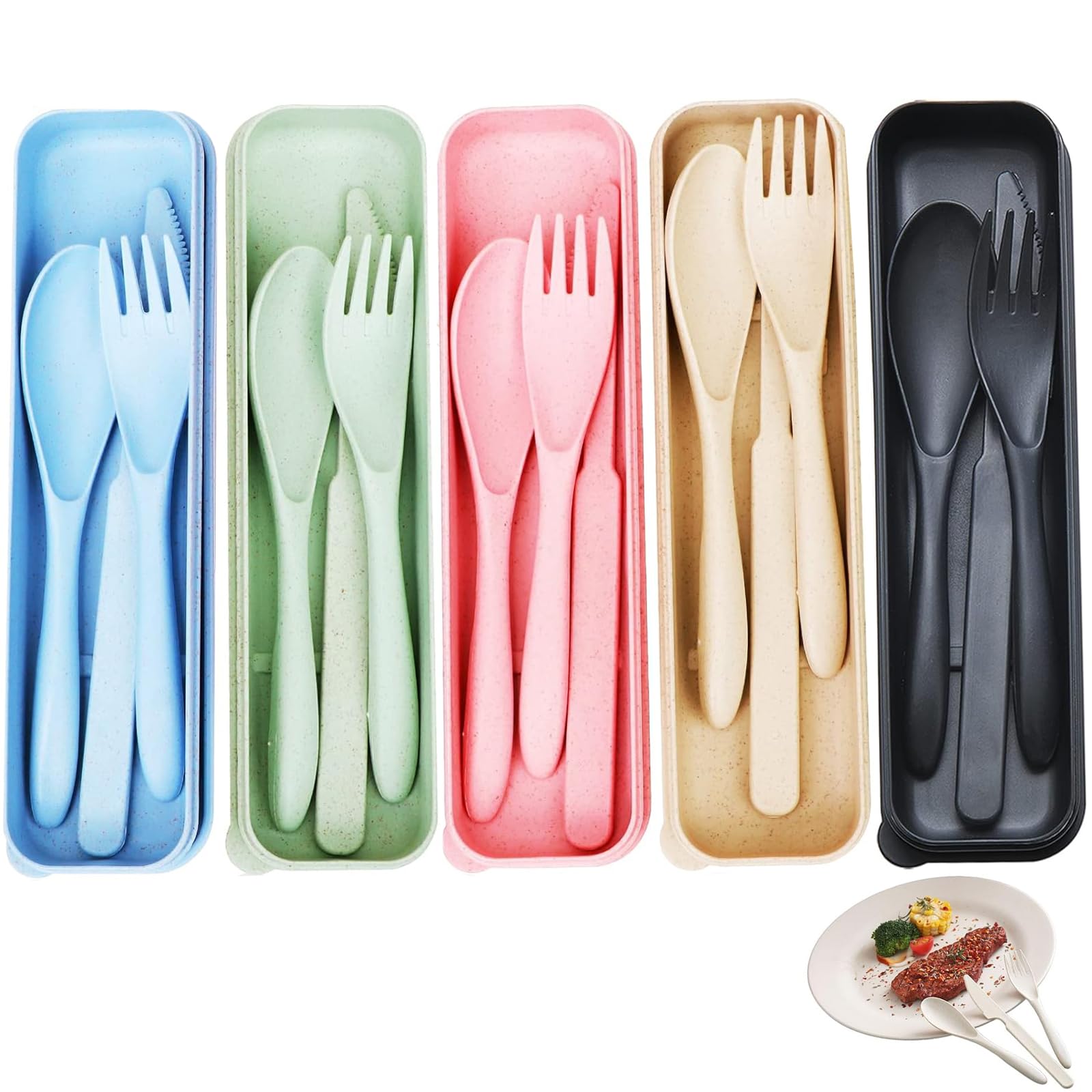 5 Sets Travel Cutlery - Portable Picnic & Camping Lunch Cutlery Set with Case - Reusable Spoon Fork Sets