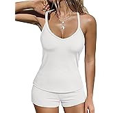 Ekouaer Ribbed Cami Pajamas Set 2 Piece Rib Knit Camisoles Pjs Racerback Tank Top with Shorts Lounge Sets for Women