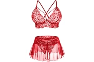 CRIPOM Sexy Lingerie for Women Naughty 3 Piece Lace Bralette, Mini Skirt with G-String Crotchless Lingerie Outfits