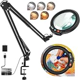 30X 12X Large Magnifying Glass with Light and Clamp, 5-Inch Optical HD Lens | 5 Color Modes, Stepless Dimmable, LED Swing Arm