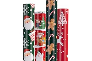 NOVNSOI Christmas Wrapping Paper (4 Rolls: 93 sq. ft. ttl) Funny Candy Cane Santas, Reindeer, Christmas Tree, Snowflakes - Christmas Elements Collection - 17 inches x 16.5 feet Per Roll