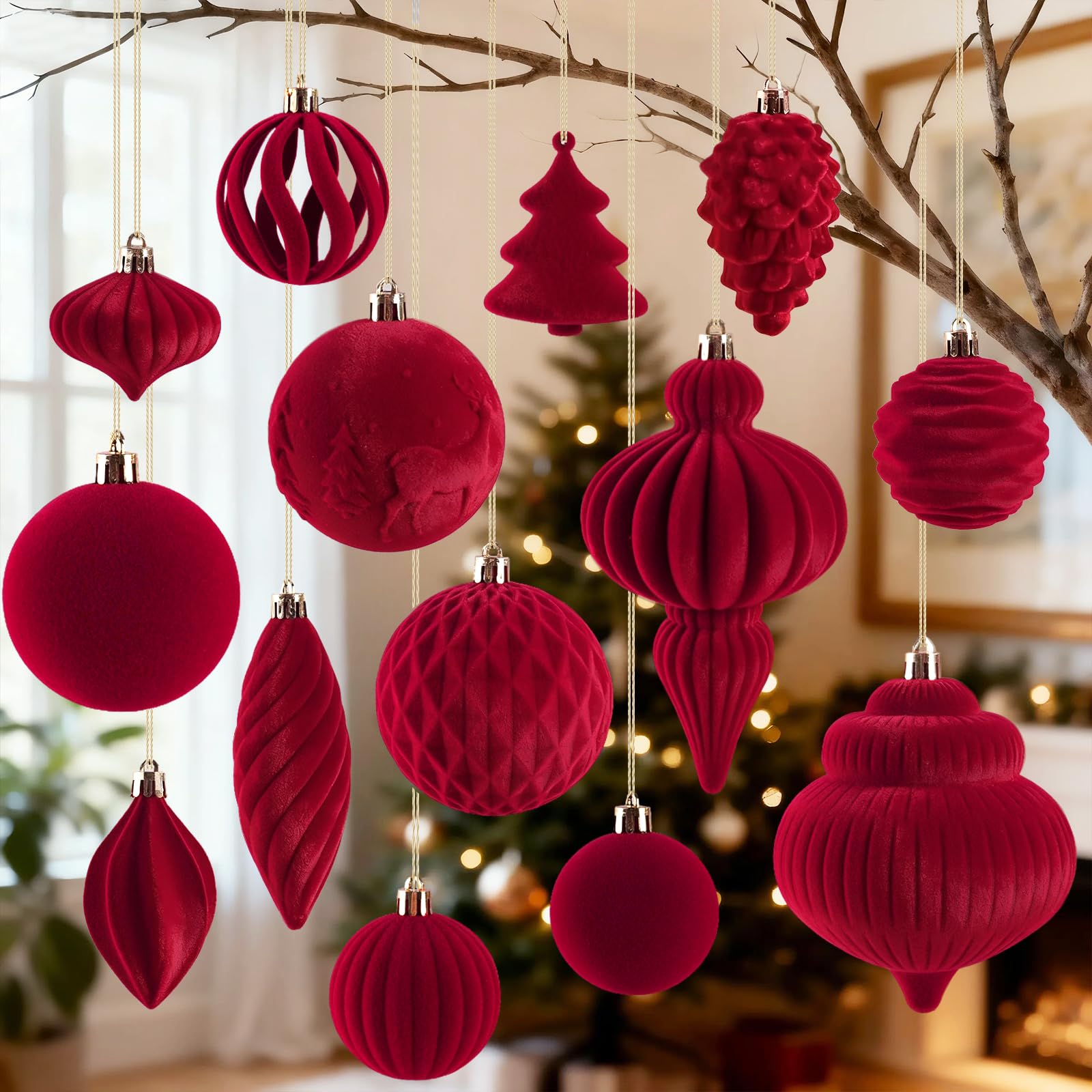 Photo 1 of 18Pcs Velvet Christmas Tree Ornaments Set, Shatterproof Flocked Christmas Decorations Bulk for Tree, Burgundy Decorative Hanging Ball Ornaments for Xmas Holiday Home Party Decor, Red