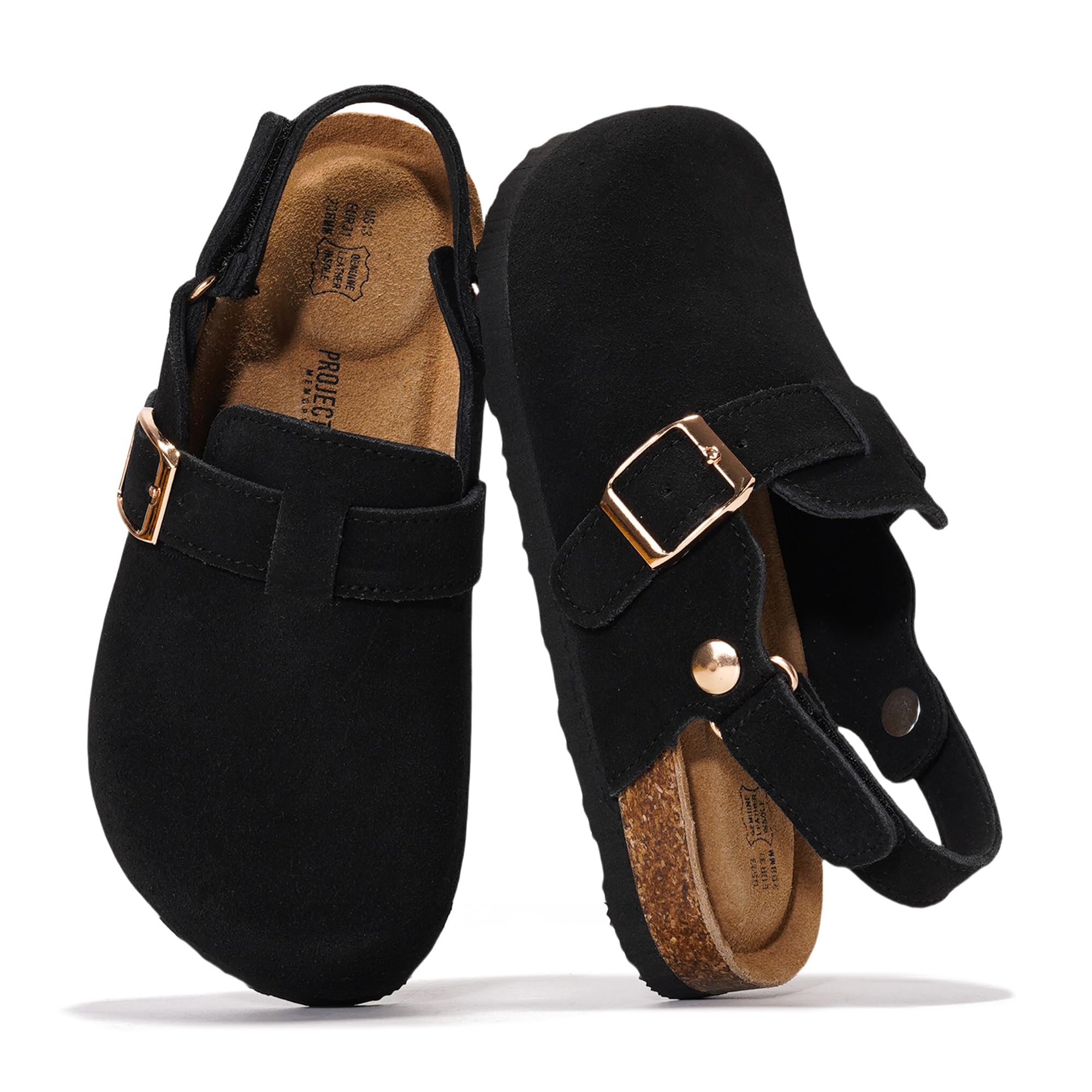 Project Cloud 100% Genuine Leather Kids Clogs with Natural Cork Footbed & Memory Foam Insole Arch Support - Non-Slip Clogs for Kids - Slippers Sandals for Boys & Girls Footwear(BentonKids, BLKSDE, 1) Image