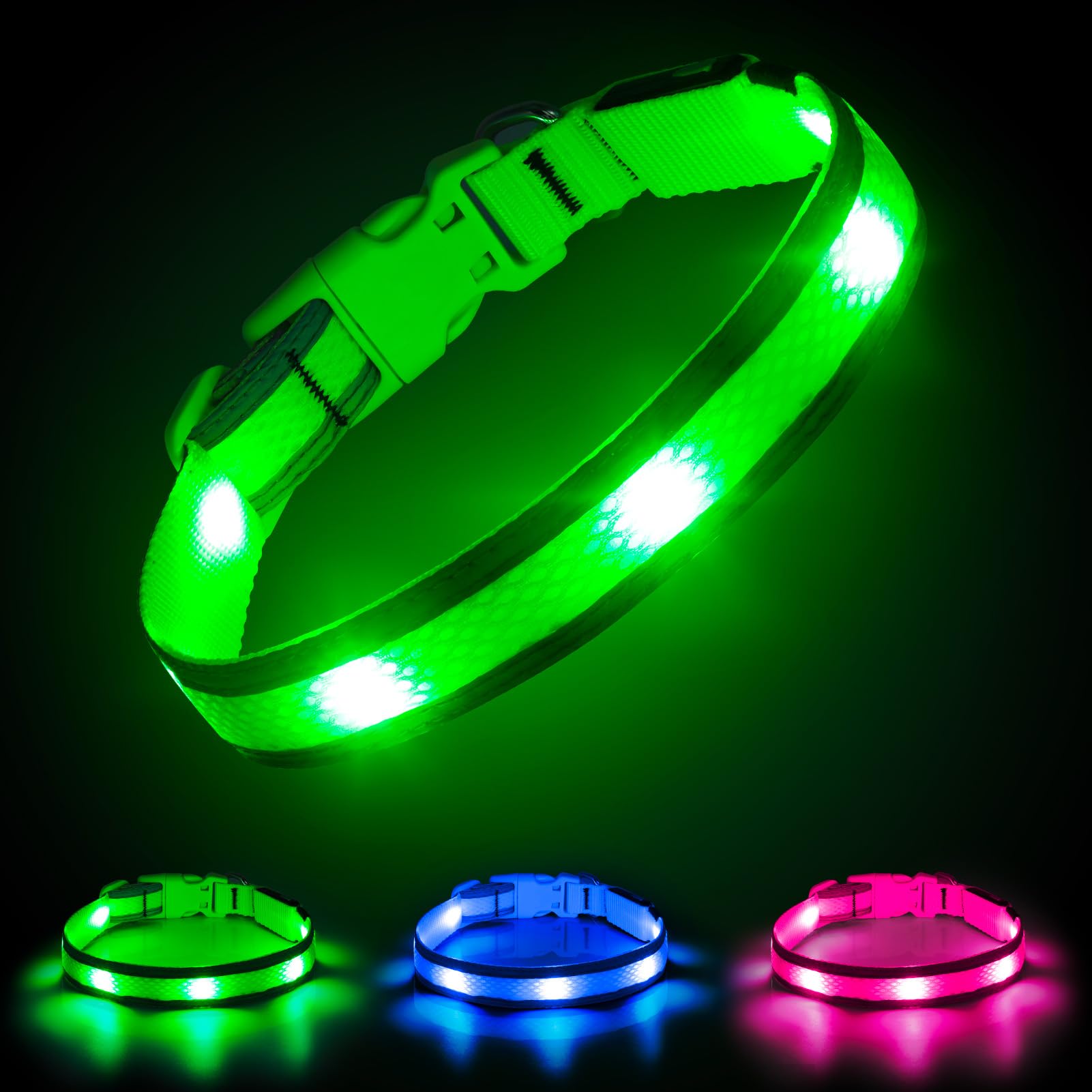 Photo 1 of Illumifun Light Up Dog Collar - USB Rechargeable LED Dog Collar Glow in The Dark - High Visibility Glow Collar Light for Nighttime Walking (Large, Fluorescent Green)