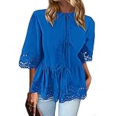 PRETTYGARDEN Tie Front Peplum Tops for Women Summer Y2K Short Sleeve Babydoll Cute Going Out Top Eyelet Blouse Shirt