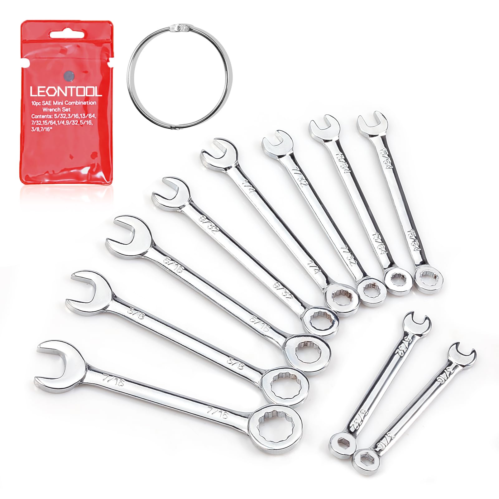 LEONTOOL Mini Wrench Set SAE 10 Pcs 5/32" to 7/16" Standard Combination Ignition Wrench Set Small Open End and Box End Spanner with Key Ring for Automotive Technicians and Industrial Users