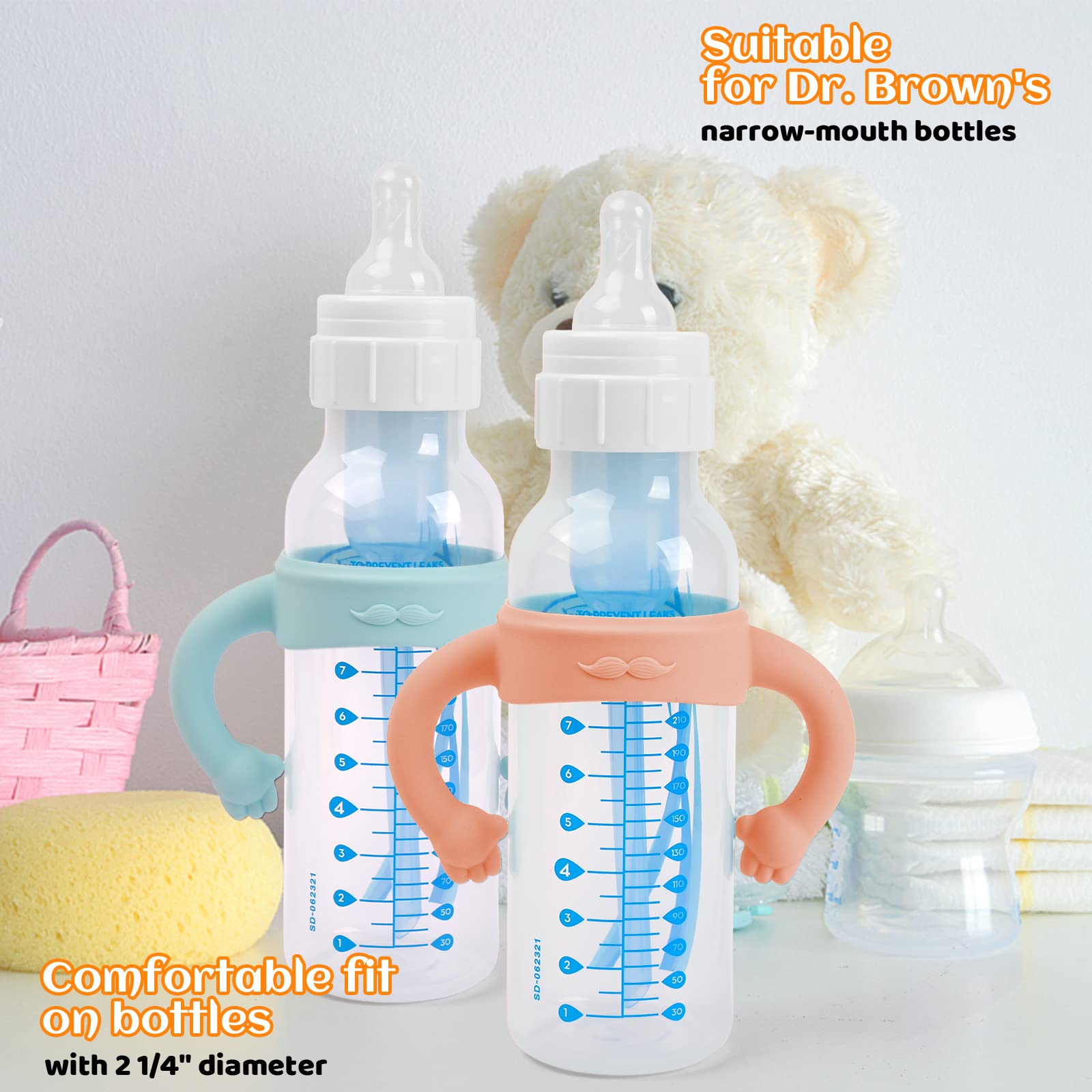HUAKENER 4 Pack Baby Bottle Handles for Dr Brown Narrow Bottles - Silicone, Cute Holder With Easy Grip to Hold Their Own Bottle, BPA Free