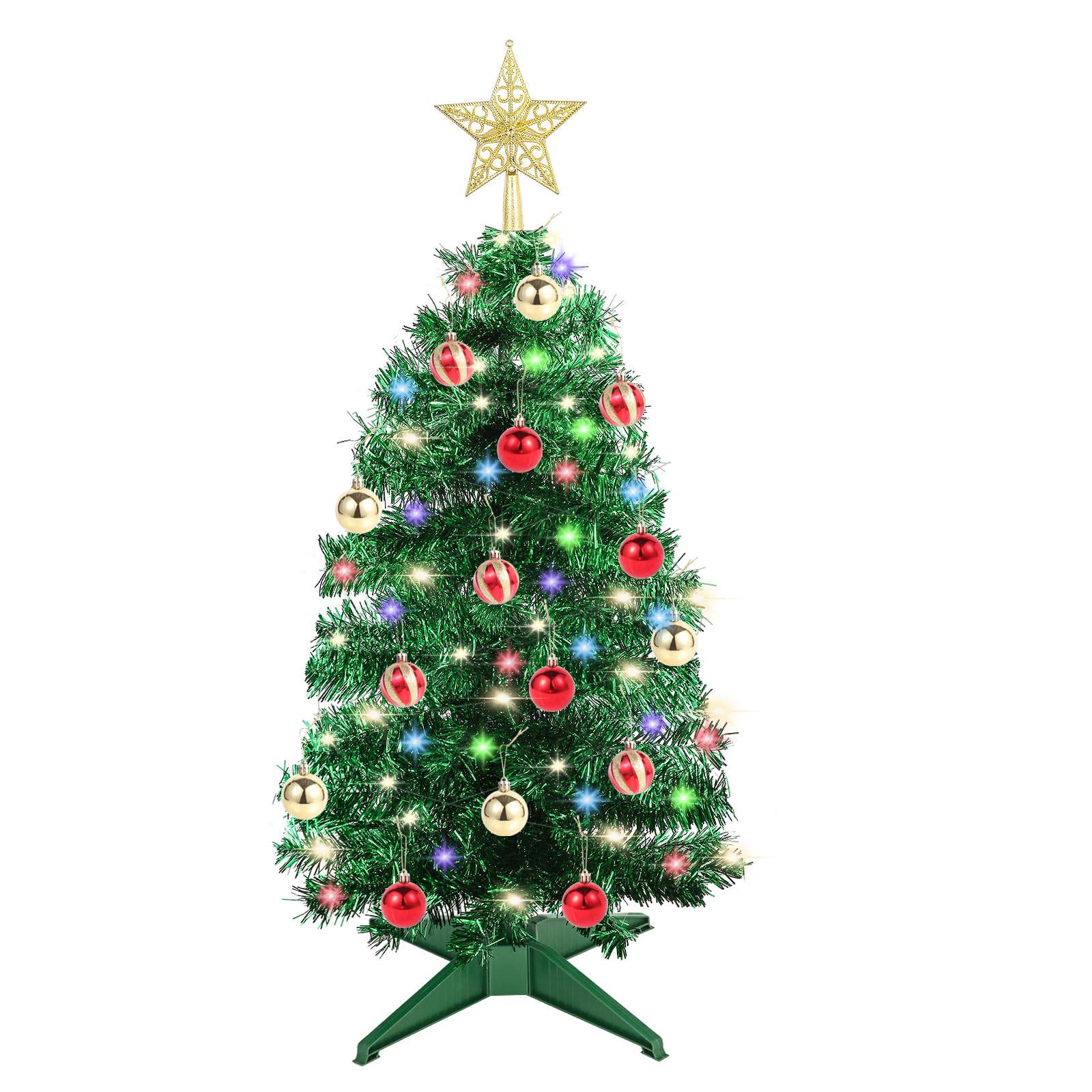 Photo 1 of 3Ft Christmas Tree with Lights, Table Christmas Tree with 50 LED 12 Modes, 3D Star, 15 Hanging Ball Ornaments, Small Prelit Xmas Tree for Tabletop, Home and Office (Green)