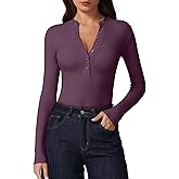 QINSEN Button Down Shirts for Women V Neck Long Sleeve Ribbed Knit Slim Fit Basic Tee Tops