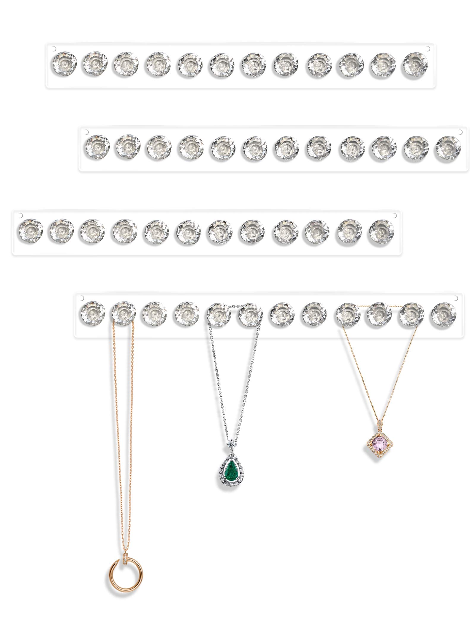 Mymazn Acrylic Necklace Holder Set of 4, Wall Mounted Jewelry Organizer Hanging with 12 Diamond Shape Hooks, Clear Necklaces Hanger, Jewelry Hangers for Necklace, Bracelet, Gift for Girls Women