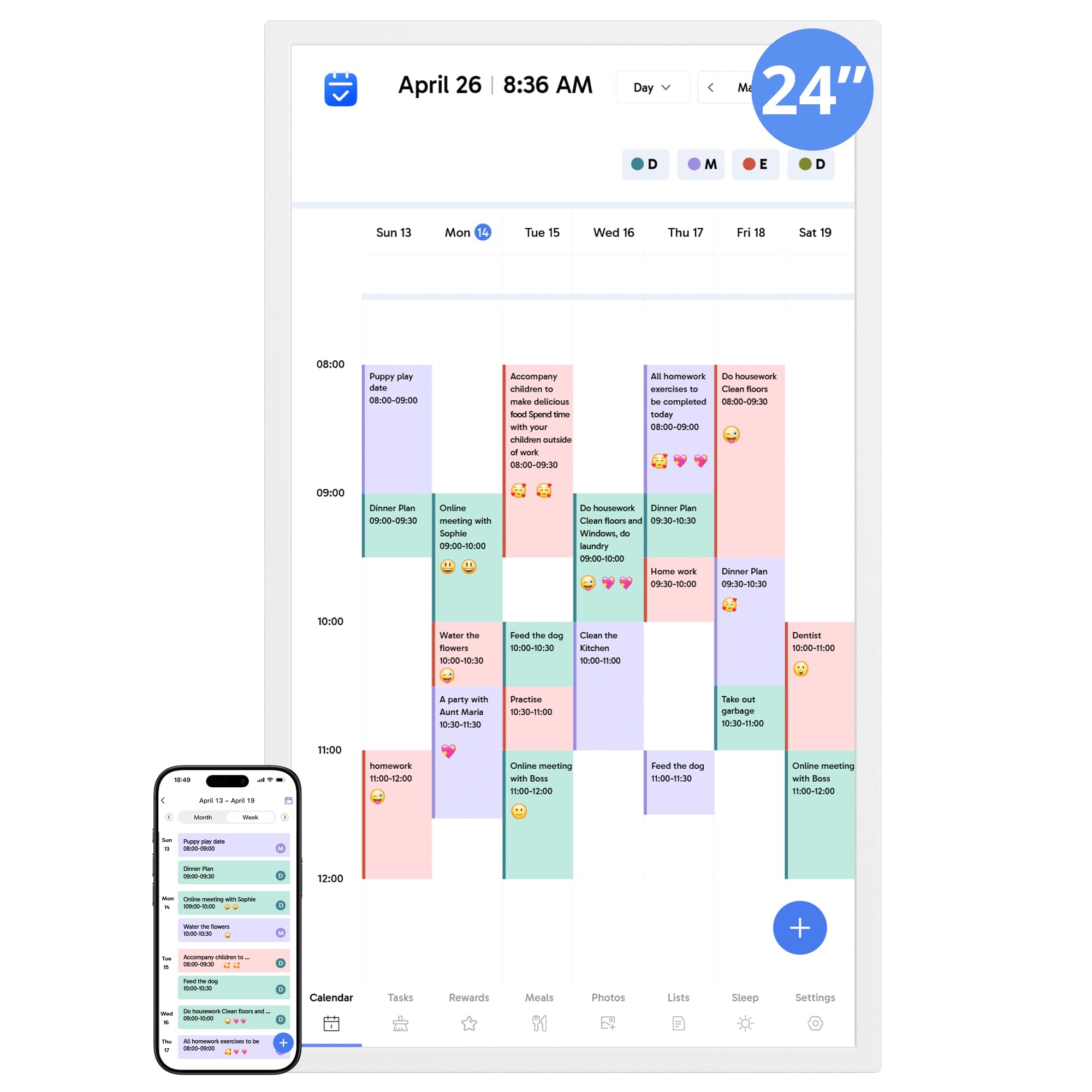 Photo 1 of Digital Calendar 24 Inch Touch Screen, Electronic Wall Calendar Chore Chart for Family Monthly/Weekly Planner, Interactive Display Smart Calendar for Home Organization, Desk Mount Included - White