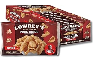 Lowrey's Hot & Spicy Bacon Curls, Microwave Pork Rinds (Chicharrones), 1.75 Ounce Package, (Pack of 18)