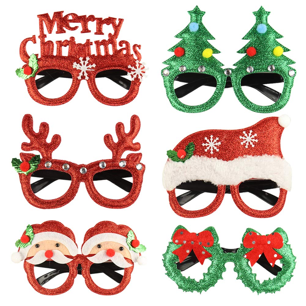 Anbaituor Christmas Party Glasses - 6 Pack Xmas Antler Glasses Glitter Party Glasses Frame Novelty Costume Glasses Christmas Decoration Eyeglasses for Party Favors Photo Frames for Kids and Adult