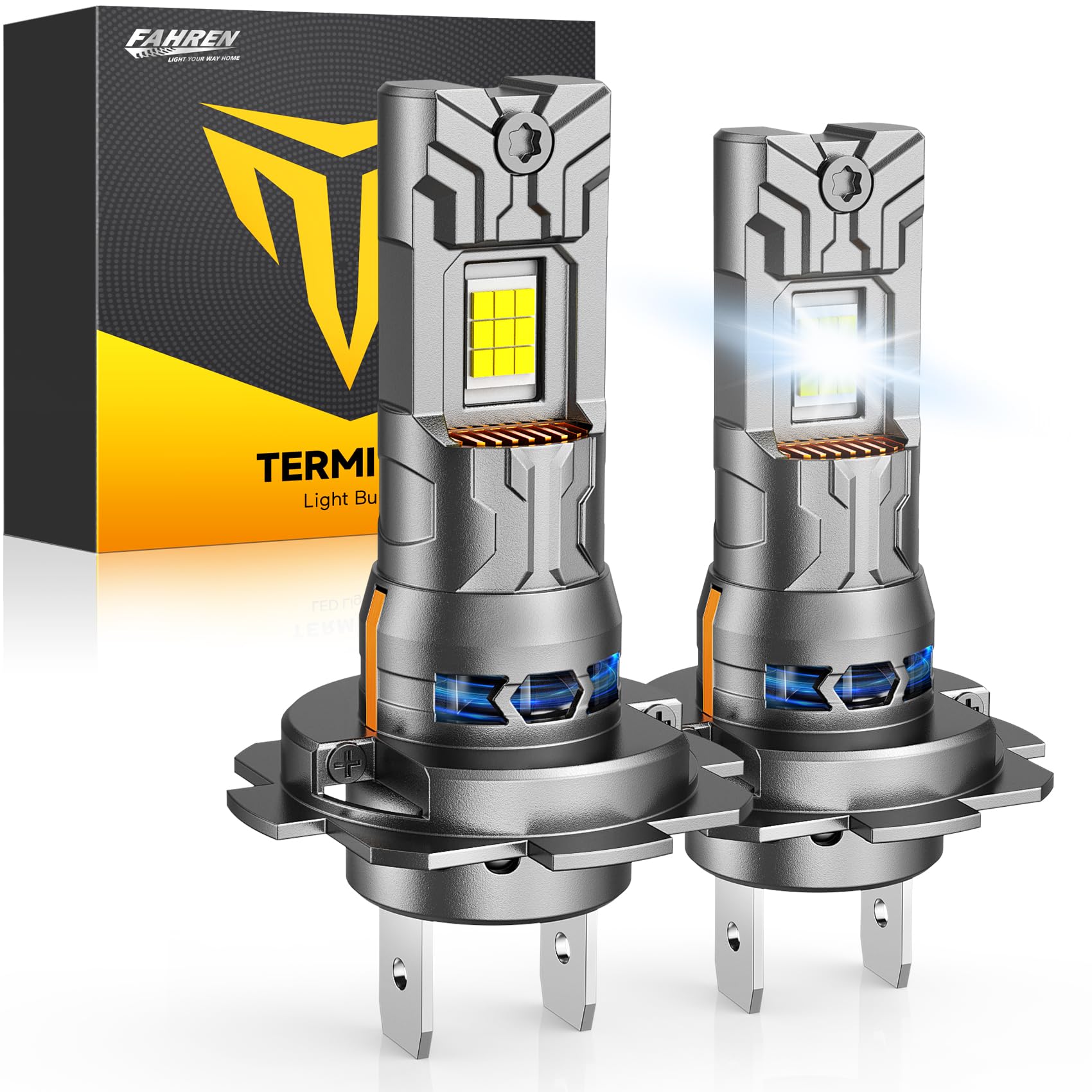 FAHREN New-Gen & Modern H7 Light Bulbs, 12X 75000 Lumens Ultra Bright, 6500K H7LL Fog Lights 1:1 Mini Size, No extra Adapter Required with Cooling Fan, Direct Install, Tire Lights Pack of 2 Image