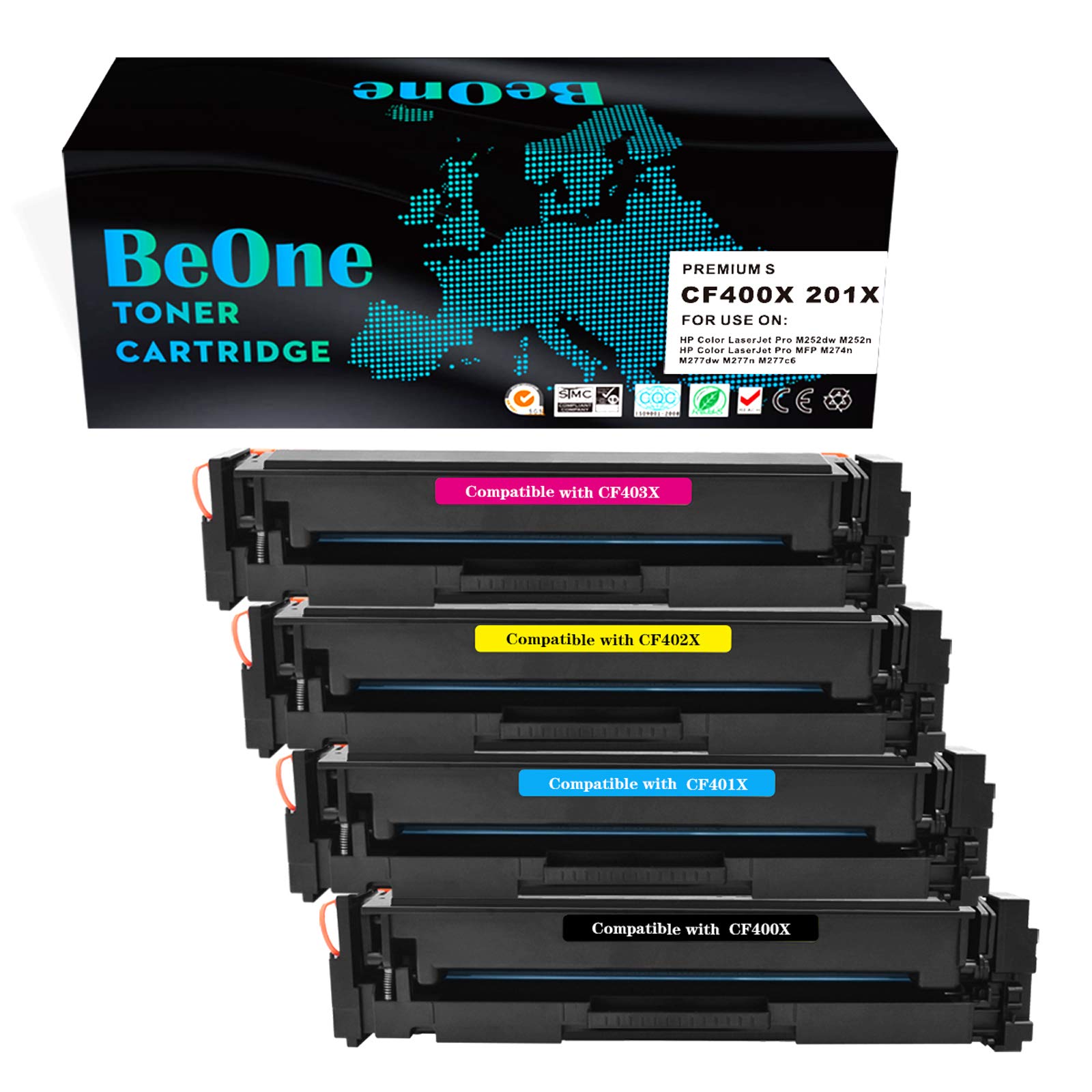 BeOne 4x Compatible for 201X CF400X CF401X CF402X CF403X Toner Cartridge Compatible for HP Colour LaserJet Pro MFP M277dw M252dw M277n M277dw M252dw M277n M252n Printer (Black, Cyan, Yellow, Magenta)
