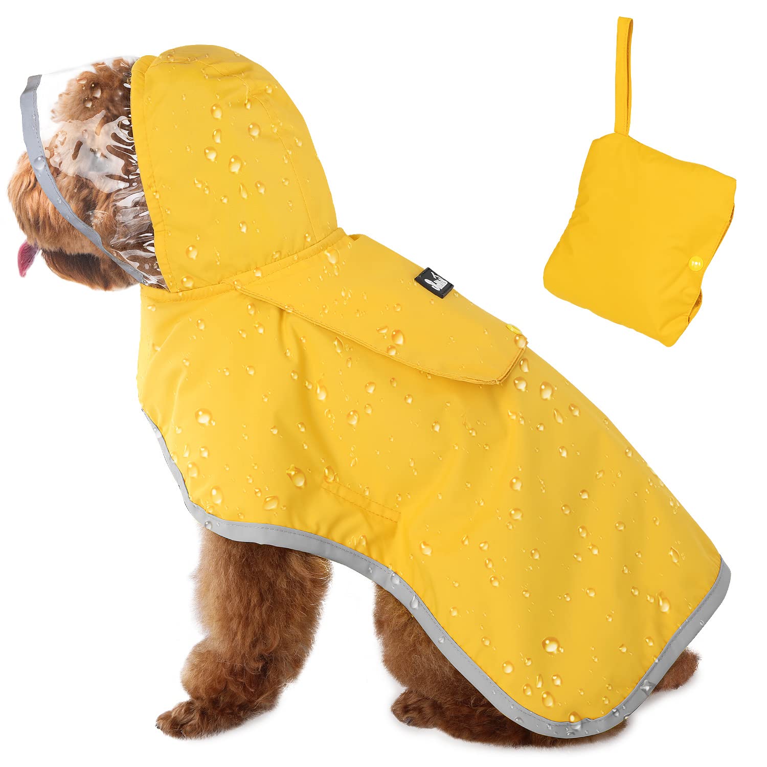 SlowTon Waterproof Dog Raincoat, Clear Hooded Double Layer Rain Jacket for Small Medium Large Dogs Puppies, Dog Poncho with Reflective Strip Adjustable Straps and Storage Pocket