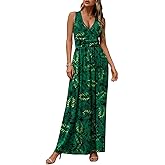 CATHY Women's Casual Sleeveless Deep V Neck Beach Waist Maxi Dresses with Pockets