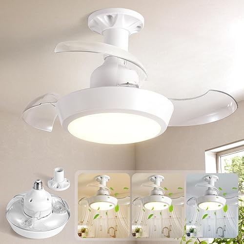 JOISTOON Socket Fan Light with Remote, Retractable Ceiling Fan Light with E27 Socket, Ultra-Quiet DC Motor, Dimmable LED for Small Spaces - Workshop, Garage, Bedroom (Flush Mount, No Visible Blades)