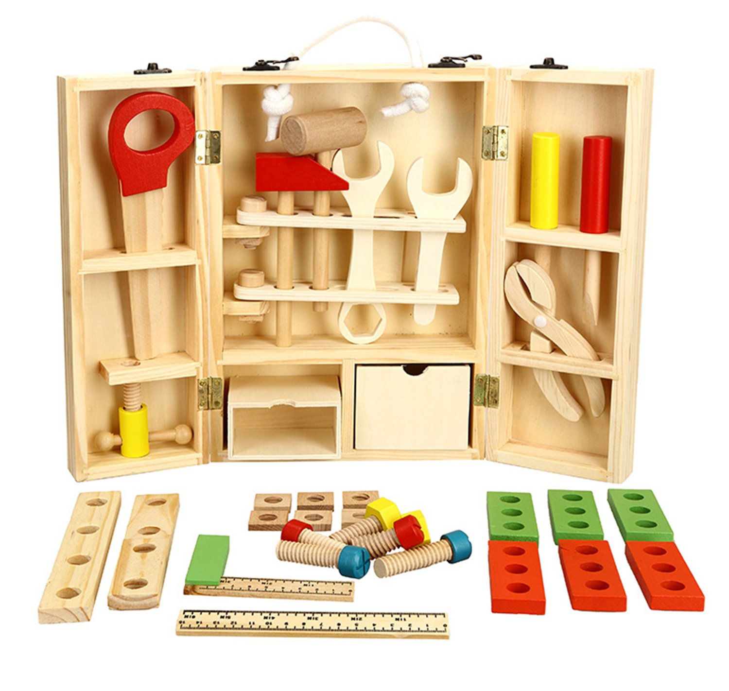 Lewo Wooden Tool Toys Pretend Play Toolbox Accessories Set Educational