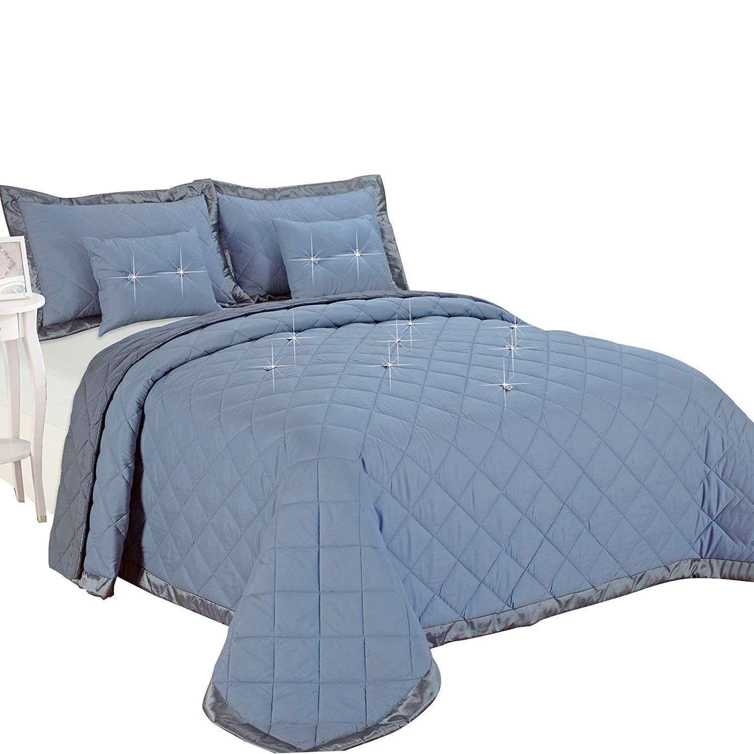 ml MassAri Limited Silver 5 Piece Quilted Bedspread Diamond Bedding Comforter Throw Bed set Reversible 100% Polyester Bedrooms Collection Incl 1 Bedspread 2 Pillow Cases 2 Filled Cushions (King)