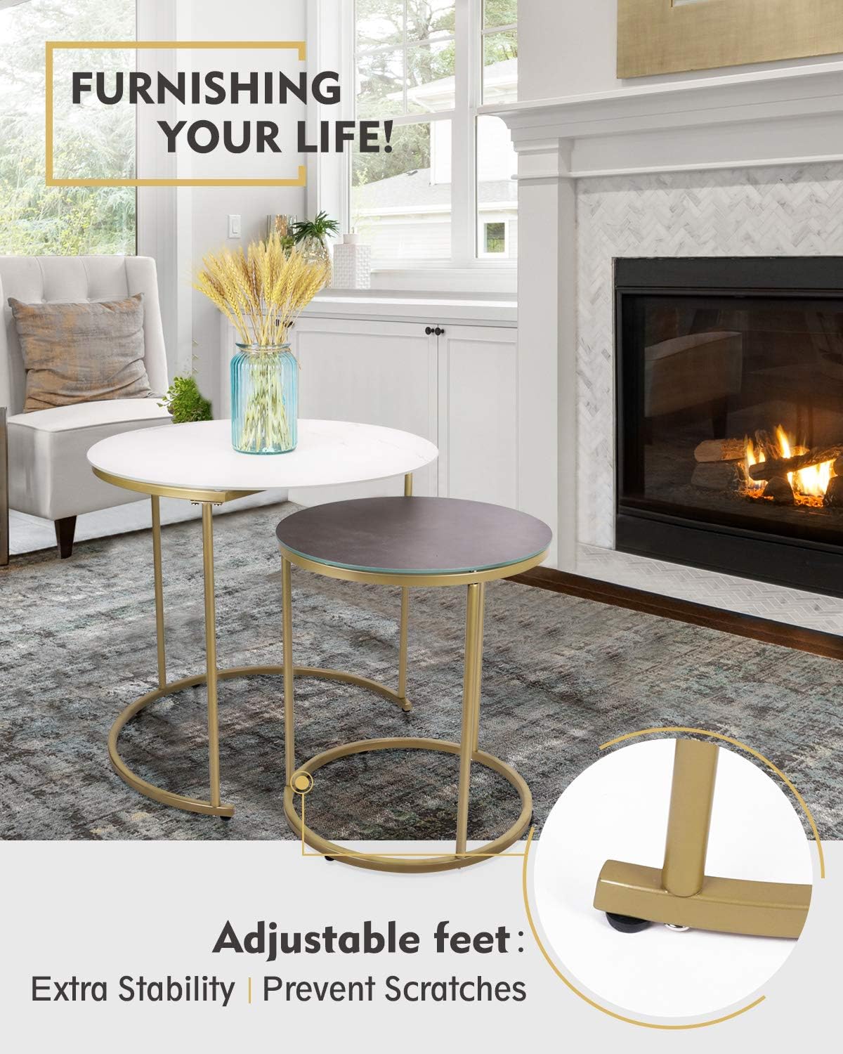 Modern Nesting Side Coffee Tables Set of 2, Tempered Glass with Glazed Marble Texture & Dark Gray Finish Top Waterproof Outdoor and Indoor End Tables, Stacking Table, ET219AB-WG: Kitchen & Dining