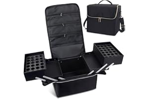 Quaferen Large Makeup Travel Train Case, Upgraded Plus Size Nail Tech Supply Organizers and Storage, 4 Tier Cosmetic Train Case Makeup Box Nail Bag, Black Nail Polish Makeup Organizer and Storage Bag