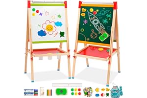 ARKYOMI Kids Art Easel with Paper Roll Double-Sided Easel with Whiteboard Chalkboard Standing Easel Wooden Kids Easel Height Adjustable Easel with Storage Tray for Kids