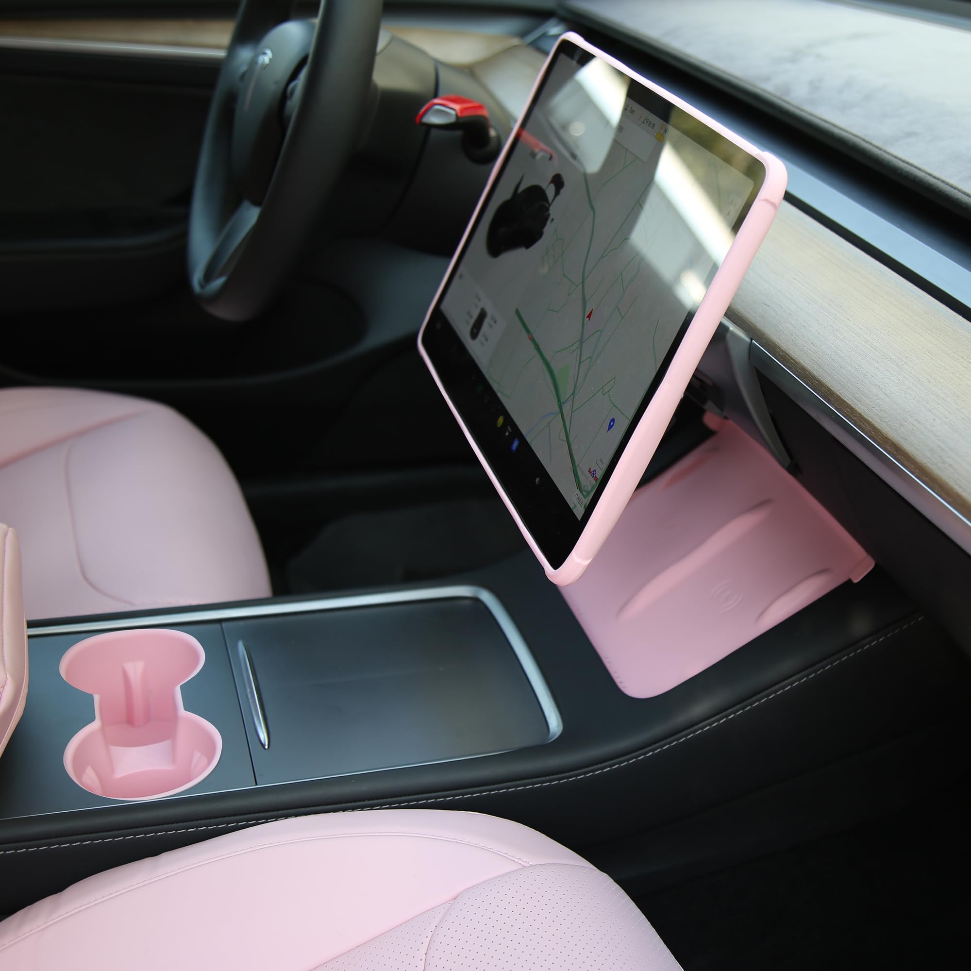 Photo 1 of TOPABYTE 3PCS Center Console Accessories for Tesla Model Y 2021-2024 and Model 3 2021-2023 Cup Holder Insert, Screen Edge Protector Frame, Silicone Wireless Charger Mat, Pink