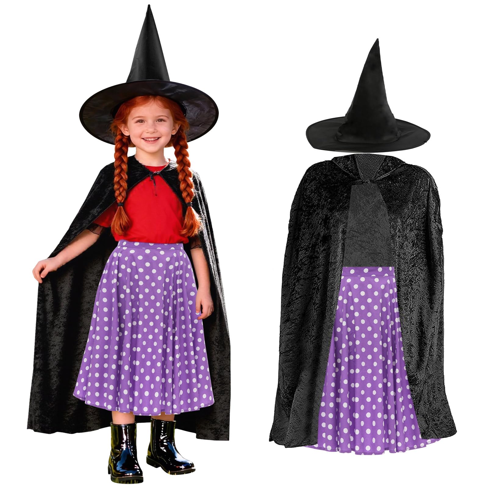 Apparlxer Kind Witch Costume for Teen,Witches Cosplay Outfits Set Include Black Cape Witches Hat White Polka Dot Skirt,World Book Day for Teenagers Witch Costume