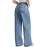 EXARUS Girls Wide Leg/Flare Jeans Bow Embroidery/Leopard Print Denim Pants with Pockets Casual for Kids 6-14Y