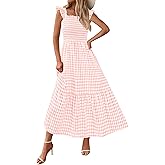 PRETTYGARDEN Womens Summer Dress Casual Square Neck Ruffle Strap Gingham Smocked Midi Flowy A Line Beach Vacation Sun Dresses