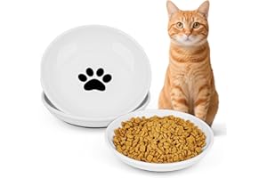 TURFSON Ceramic Cat Food Bowls - 2 Pack Shallow Plates for Wet Food, Whisker-Friendly Feeding Dish with Non-Slip Silicone Base, Microwave & Dishwasher Safe for Indoor Cats & Kittens