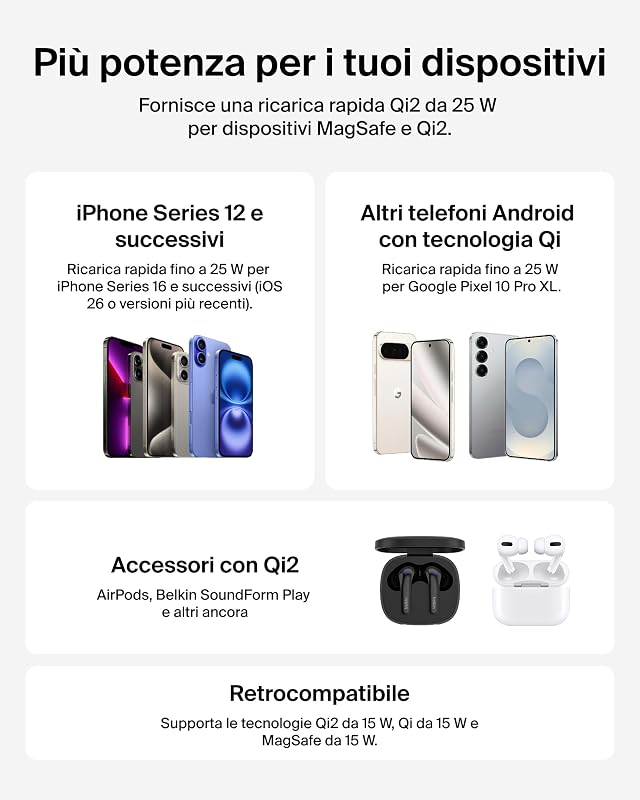 UltraCharge Chargeur Magnétique Qi2 25 W, Chargeur Sans Fil Rapide, MagSafe Avec Technologie De Refroidissement Passive, Support Pour L'iPhone 17 (Tous Modèles), Pixelsnap, AirPods Pro - Noir