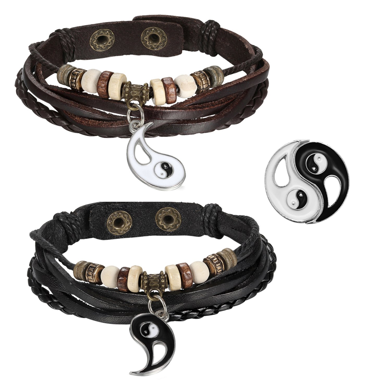 Cupimatch 2 Pcs Wrap Leather Wristbands Bracelets Wood Beads Bracelets for Men Women 7-11 inches Adjustable (2 pcs leather bracelet)