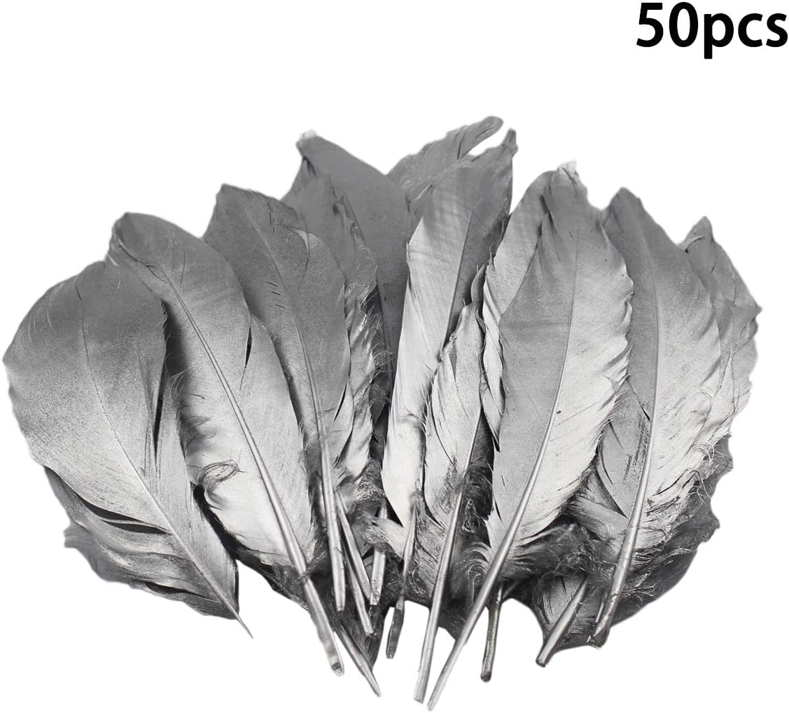 Vpang 50 Pcs Gold Dipped Natural Goose Feathers for DIY Craft Birthday Wedding Festival Party Home Decorations, 6-8 Inches in Length (Silver)
