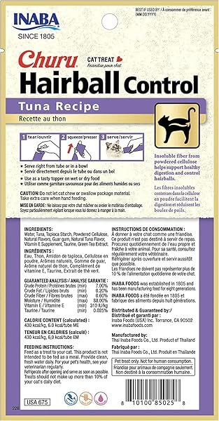 INABA CHURU FOR CATS, FUNCTIONAL, CREAMY LICKABLE PURÉE CAT TREAT FOR HAIRBALL CONTROL WITH TAURINE & VITAMIN E, 0.5 OUNCES EACH, 4 TUBES (1 PACK), TUNA RECIPE