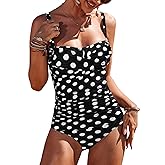 Ekouaer Women's One Piece Swimsuit Ruched Tummy Control Bathing Suits Vintage Retro Push Up Swimwear