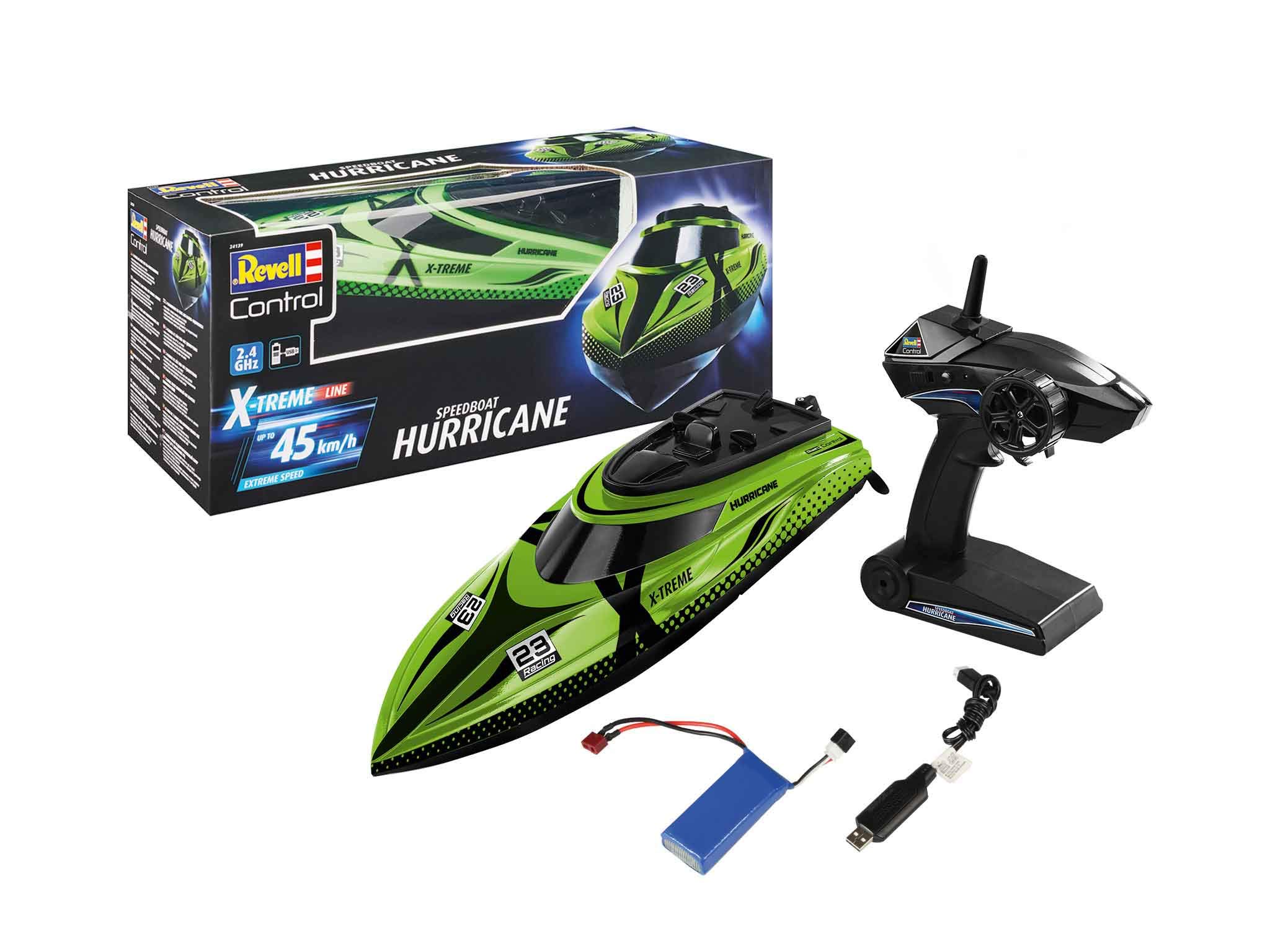 Revell Control24139 Remote Control X-TREME Speedboat Hurricane With Precise 2.4 GHz Control, Up To 45km/h, Anti Capsize, 7.4V Li-Po Battery, 2 Channel, Propellers Start Only In Water, 46cm in length