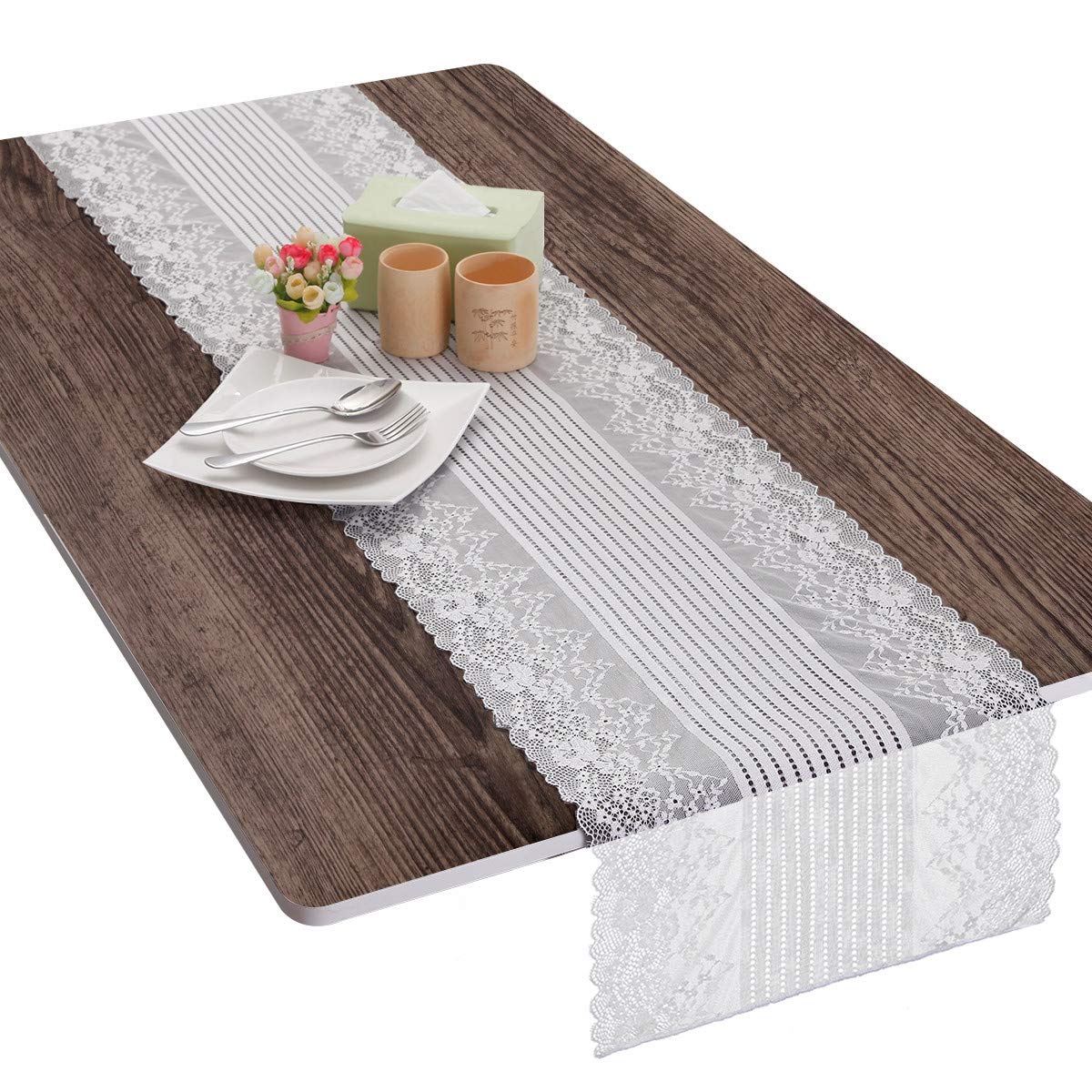 Nupuyai Lace Table Runner for Home Coffee Table, Stripe Embroidery Flower Wedding Party Table Top Decoration 173cm