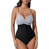 SUUKSESS Women Tummy Control One Piece Swimsuits V Neck Front Cross Bathing Suit