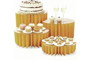 WDPQYY 4 Pack Foldable Buffet Risers, Cardboard Cylinder Stands Food Display Risers with Acrylic Plates, Cake Cupcake Stands for Buffet Table, Dessert Table, Party Wedding Birthday Decor (Yellow)