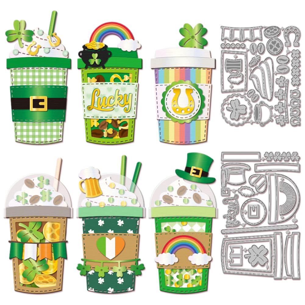 Photo 1 of ***STOCK IMAGE FOR REFERENCE***
 St. Patrick's Day Coffee Shake Cutting Dies for DIY Scrapbooking Metal Shamrock Cut Dies Words Lucky Die Cuts for Card Making Embossing Photo Album Craft Decor