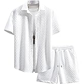 GORGLITTER Men's 2 Piece Outfits Waffle Knit Button Down Shirt Top and Shorts Set